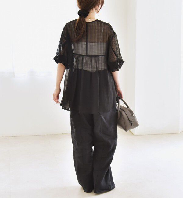 quaranciel「quaranciel:〈手洗い可能〉シアー チェック ノーカラー ハーフスリーブ ブラウス」|シャツ・ブラウス|