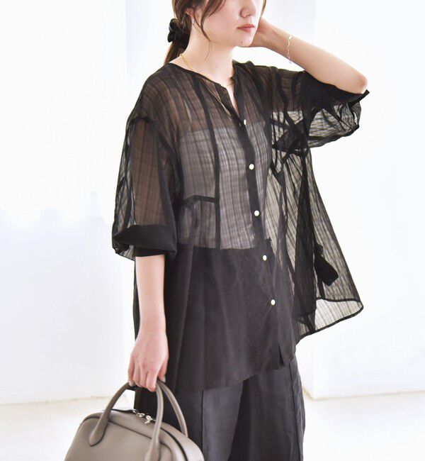 quaranciel「quaranciel:〈手洗い可能〉シアー チェック ノーカラー ハーフスリーブ ブラウス」|シャツ・ブラウス|