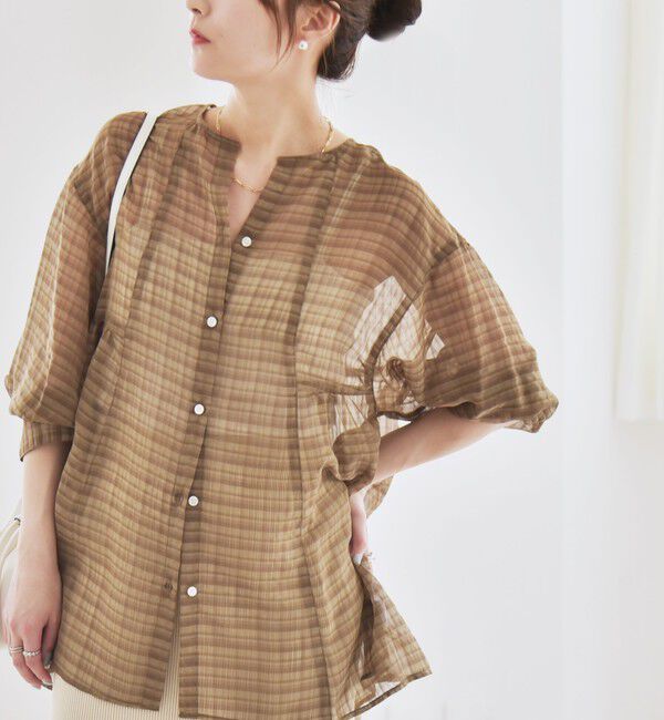 quaranciel「quaranciel:〈手洗い可能〉シアー チェック ノーカラー ハーフスリーブ ブラウス」|シャツ・ブラウス|