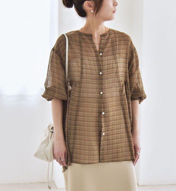 quaranciel「quaranciel:〈手洗い可能〉シアー チェック ノーカラー ハーフスリーブ ブラウス」|シャツ・ブラウス|