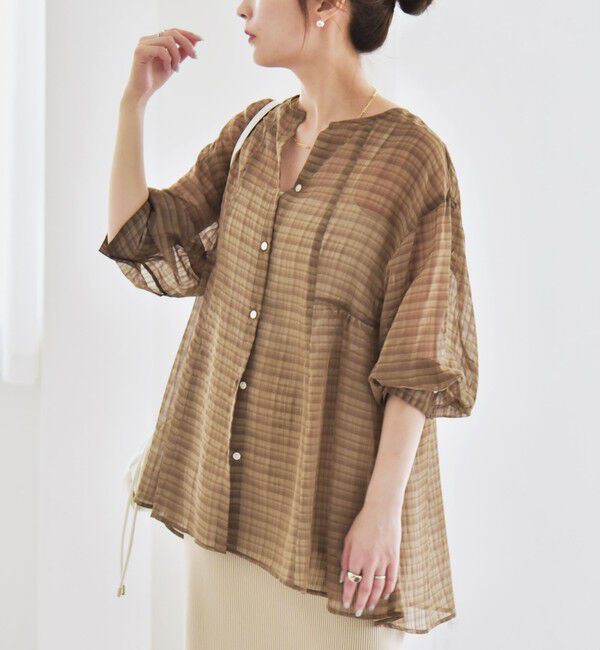 quaranciel「quaranciel:〈手洗い可能〉シアー チェック ノーカラー ハーフスリーブ ブラウス」|シャツ・ブラウス|