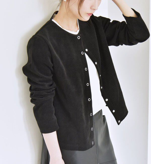 quaranciel「quaranciel:〈洗濯機可能〉ポリエステル ベロア リブ コンパクト スナップ カーディガン」|カーディガン|