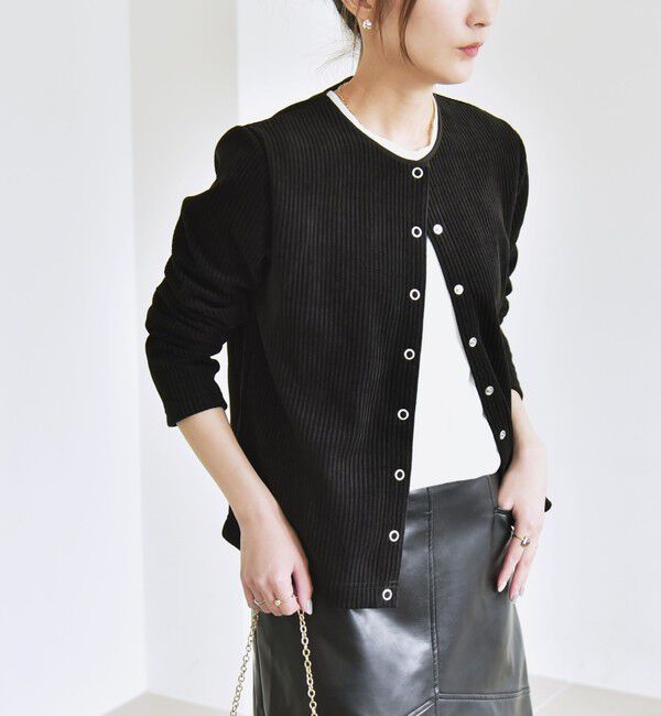 quaranciel「quaranciel:〈洗濯機可能〉ポリエステル ベロア リブ コンパクト スナップ カーディガン」|カーディガン|