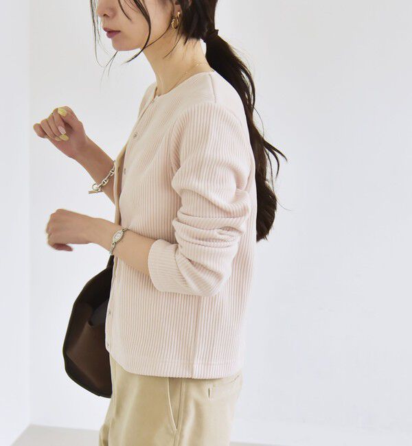 quaranciel「quaranciel:〈洗濯機可能〉ポリエステル ベロア リブ コンパクト スナップ カーディガン」|カーディガン|