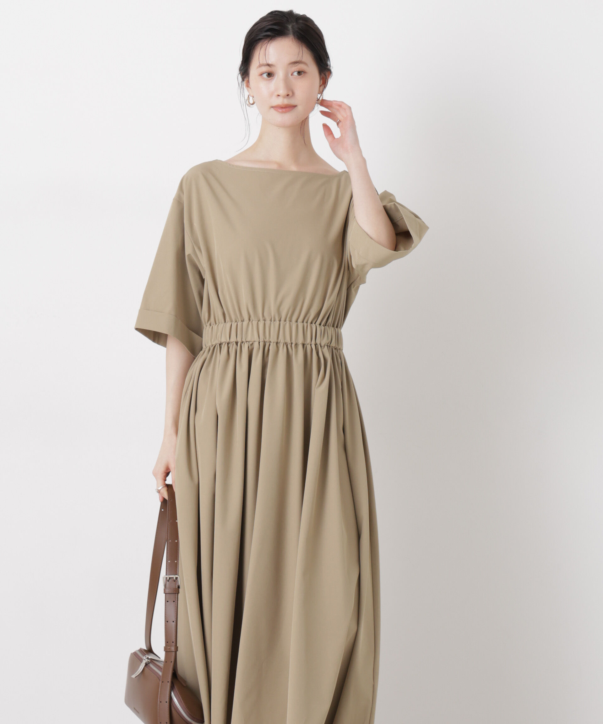 nano･universe「ウエストギャザーボートネックワンピース」|ワンピース|