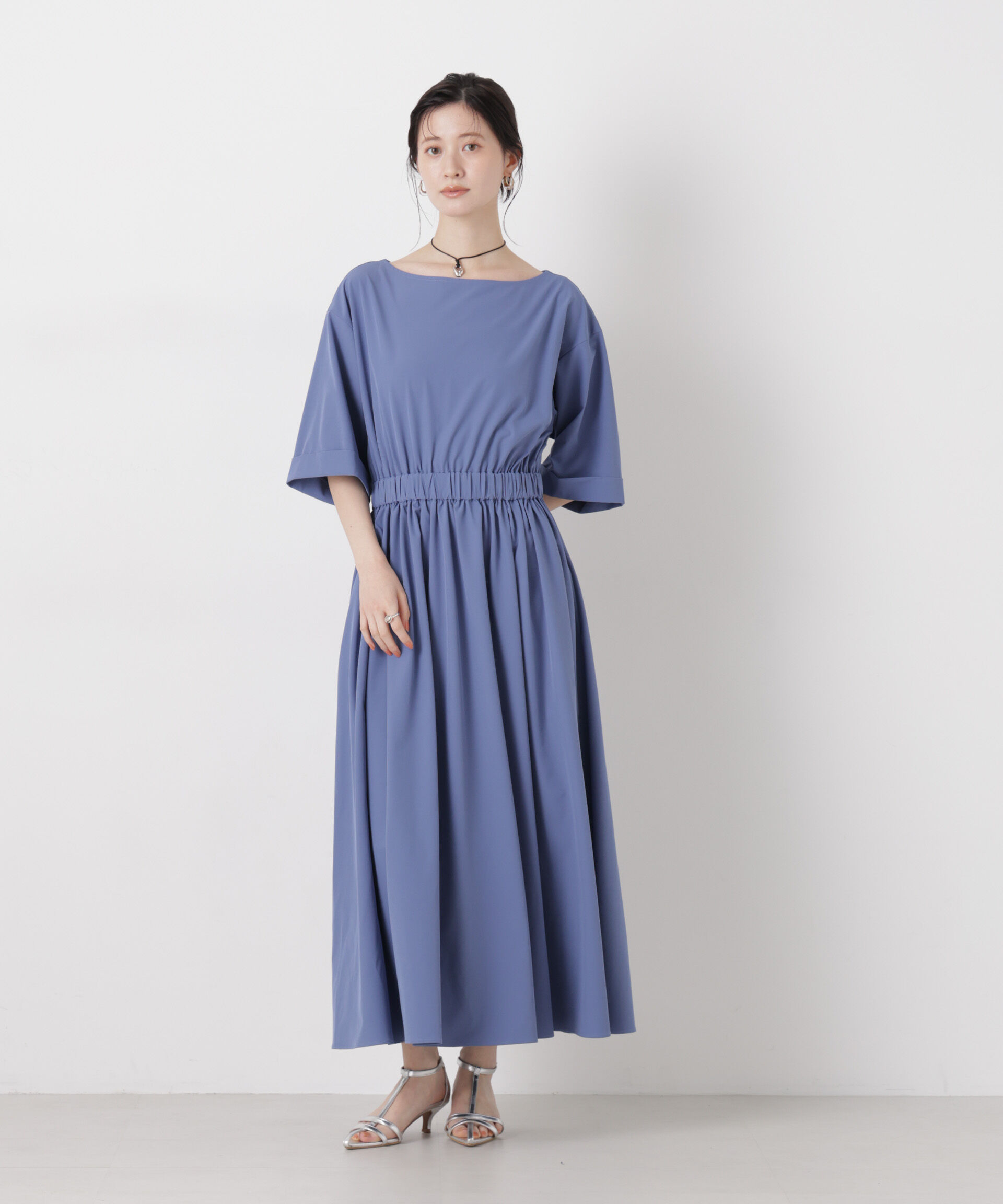 nano･universe「ウエストギャザーボートネックワンピース」|ワンピース|ブルー