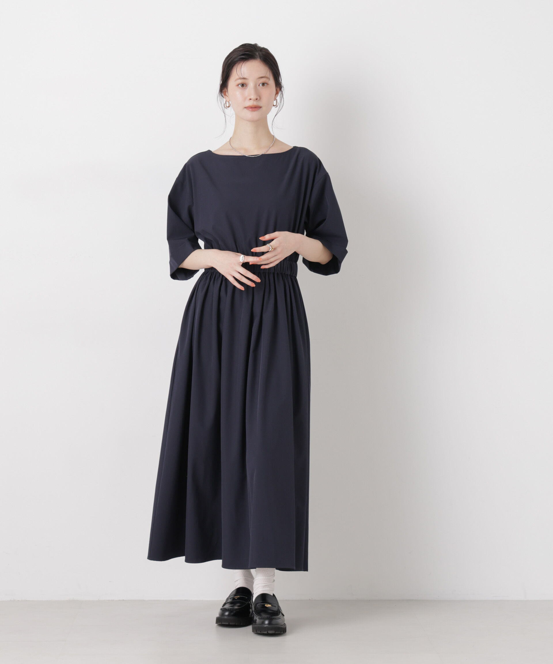 nano･universe「ウエストギャザーボートネックワンピース」|ワンピース|