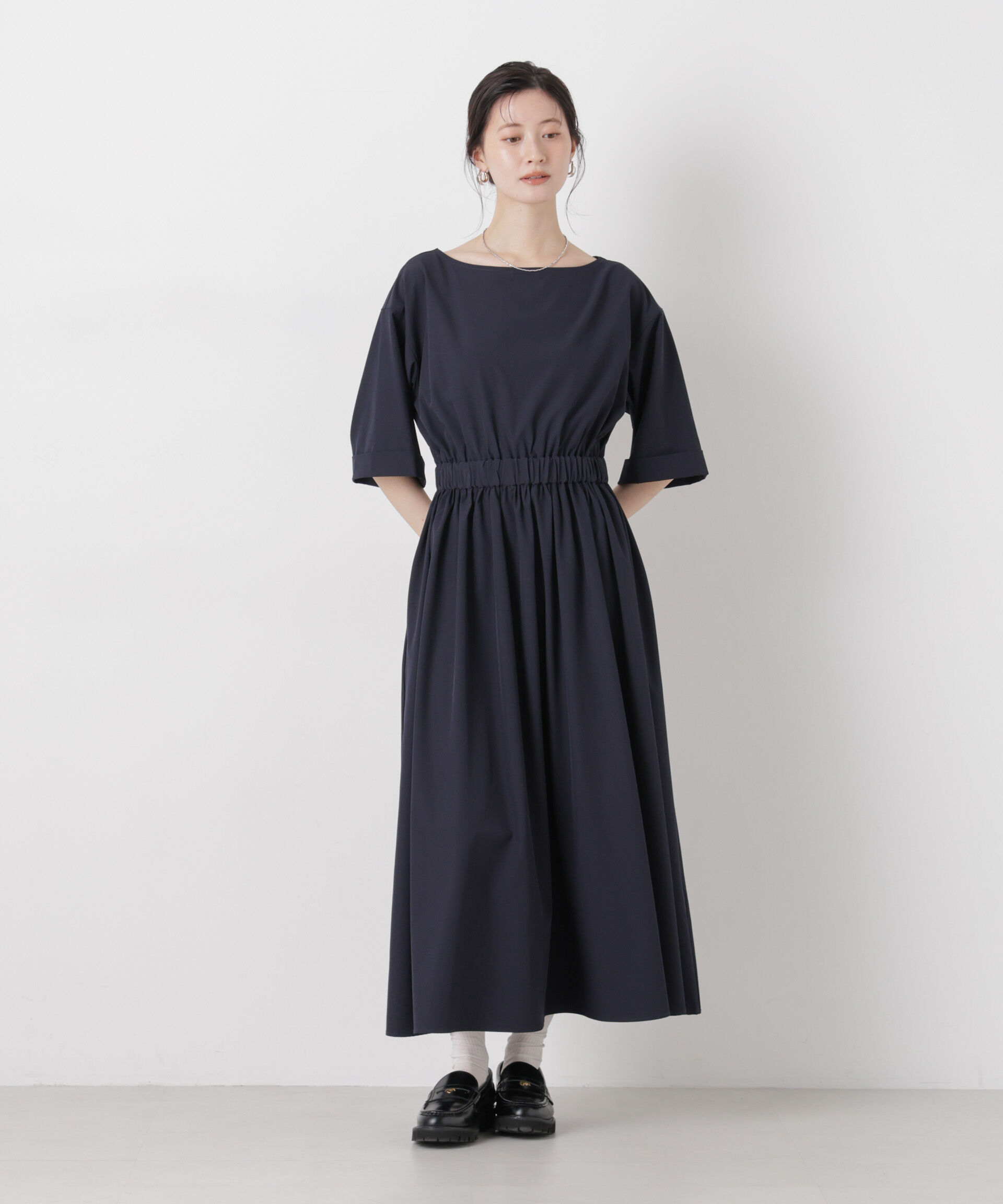 nano･universe「ウエストギャザーボートネックワンピース」|ワンピース|