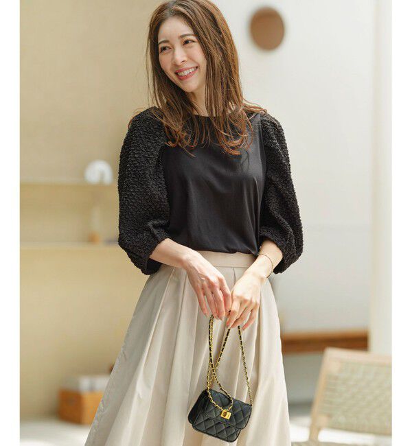 組曲「シャーリングシフォン袖 トップス」|Tシャツ・カットソー|ブラック系