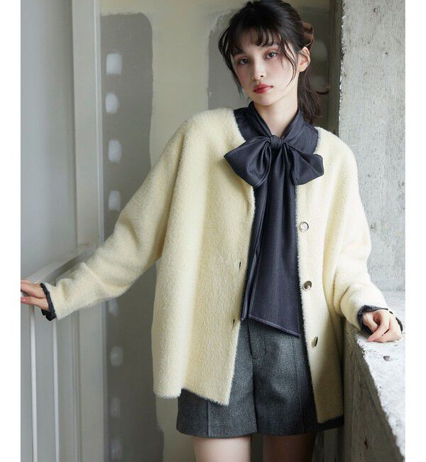 VIS「接結メタルボタンミニフェザーニットコート」|ノーカラージャケット|イエロー(80)