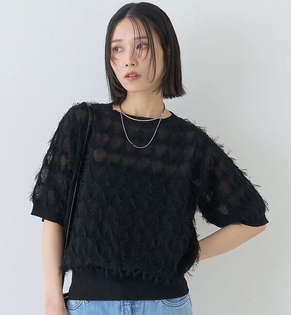 Rouge vif「ドットシアーフリンジニット」|ニット・セーター|ブラック