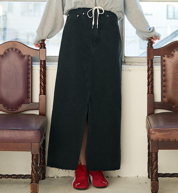 abahouse mavie「【前後スリット】Aラインデニムロングスカート/ハイウエスト/スタイルアップ/春服」|スカート|ブラック
