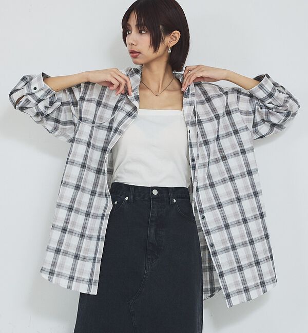 abahouse mavie「【シアー素材】チェックフードシャツ/春服/夏服/ゆったり/羽織り」|シャツ・ブラウス|ホワイト