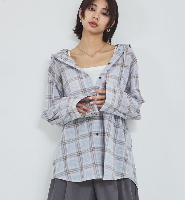 abahouse mavie「【シアー素材】チェックフードシャツ/春服/夏服/ゆったり/羽織り」|シャツ・ブラウス|