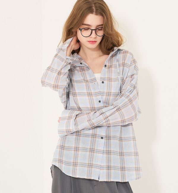 abahouse mavie「【シアー素材】チェックフードシャツ/春服/夏服/ゆったり/羽織り」|シャツ・ブラウス|