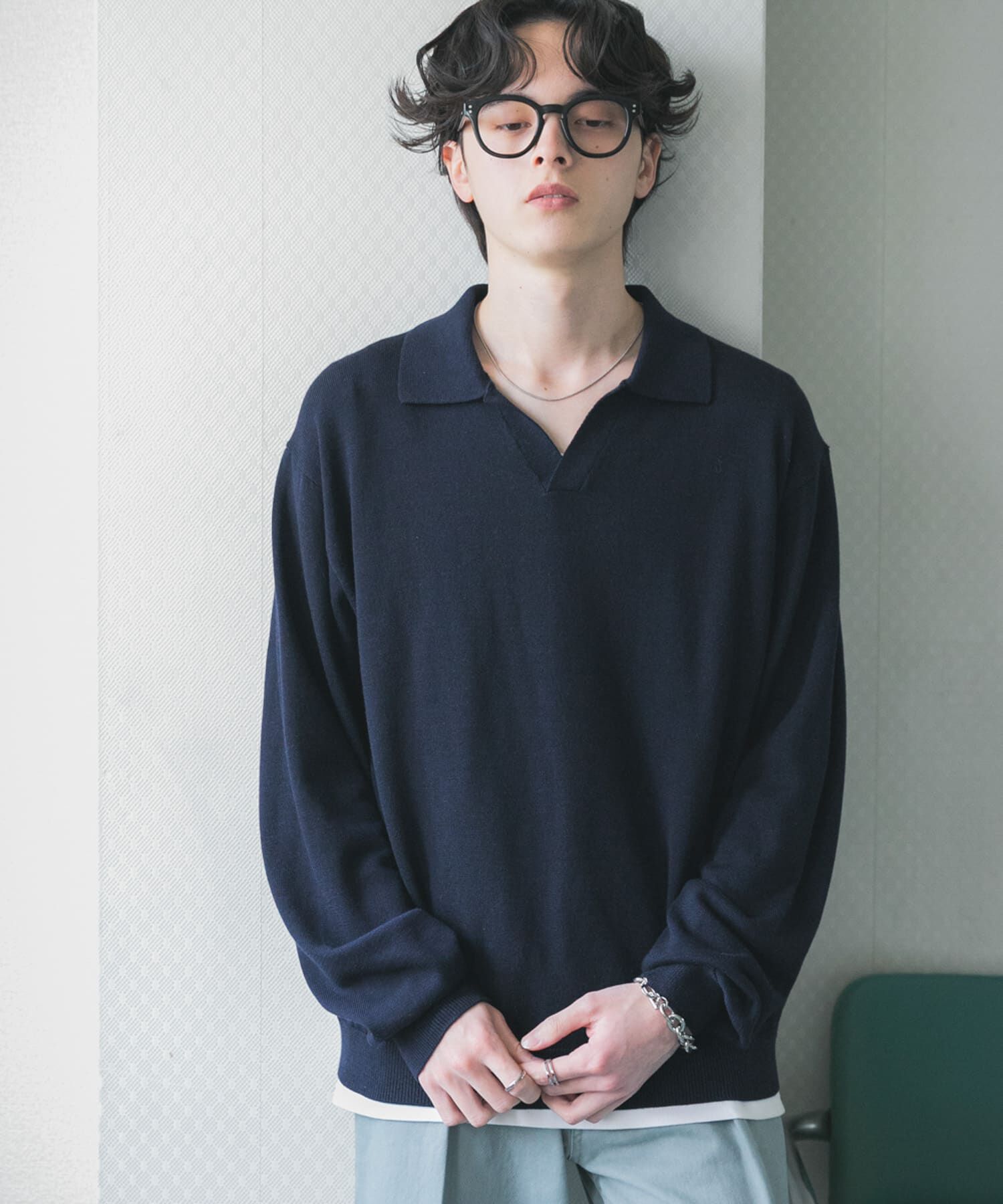 SENSE OF PLACE by URBAN RESEARCH「『洗濯可』スキッパーロングスリーブニット」|ニット・セーター|ネイビー