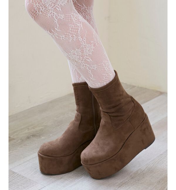  「厚底ストレッチショートブーツ」|ショートブーツ|ブラウン