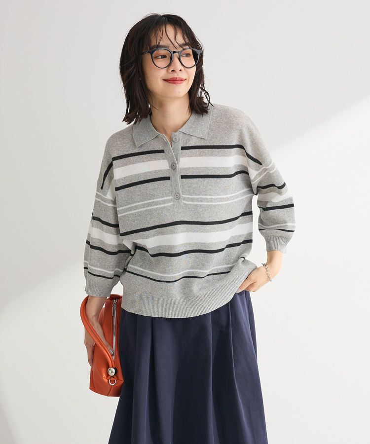 Green Parks「衿付き7分袖ニットプルオーバー」|ニット・セーター|Gray Mixture