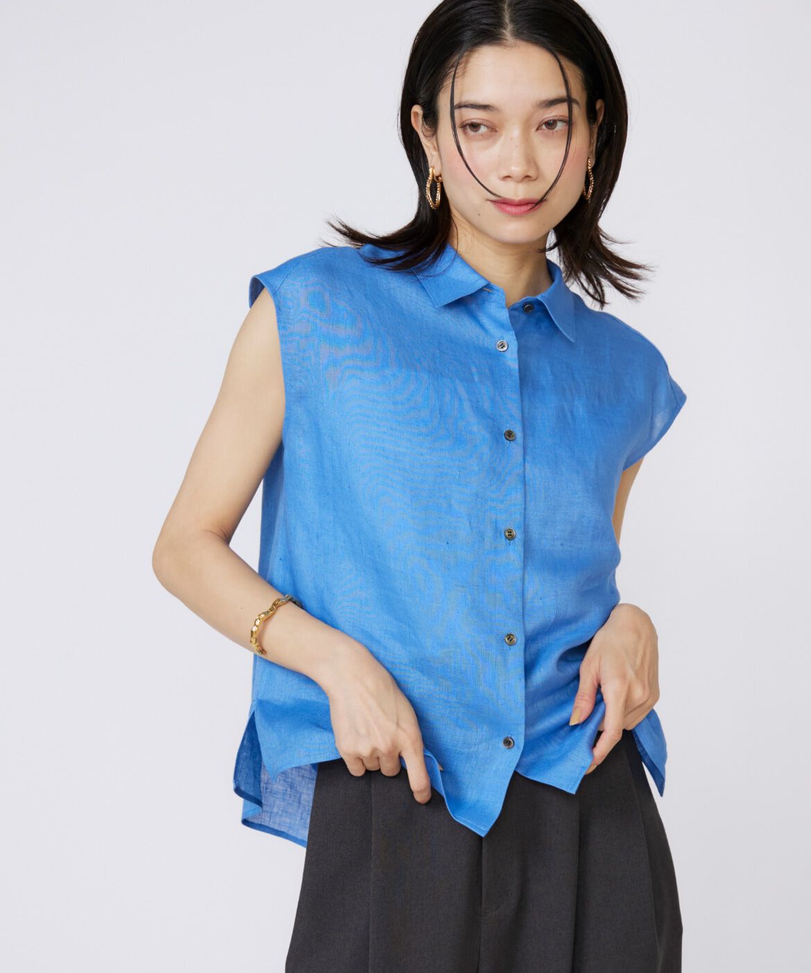 INED「《大きいサイズ》リネンフレンチスリーブシャツブラウス」|シャツ・ブラウス|ブルー1