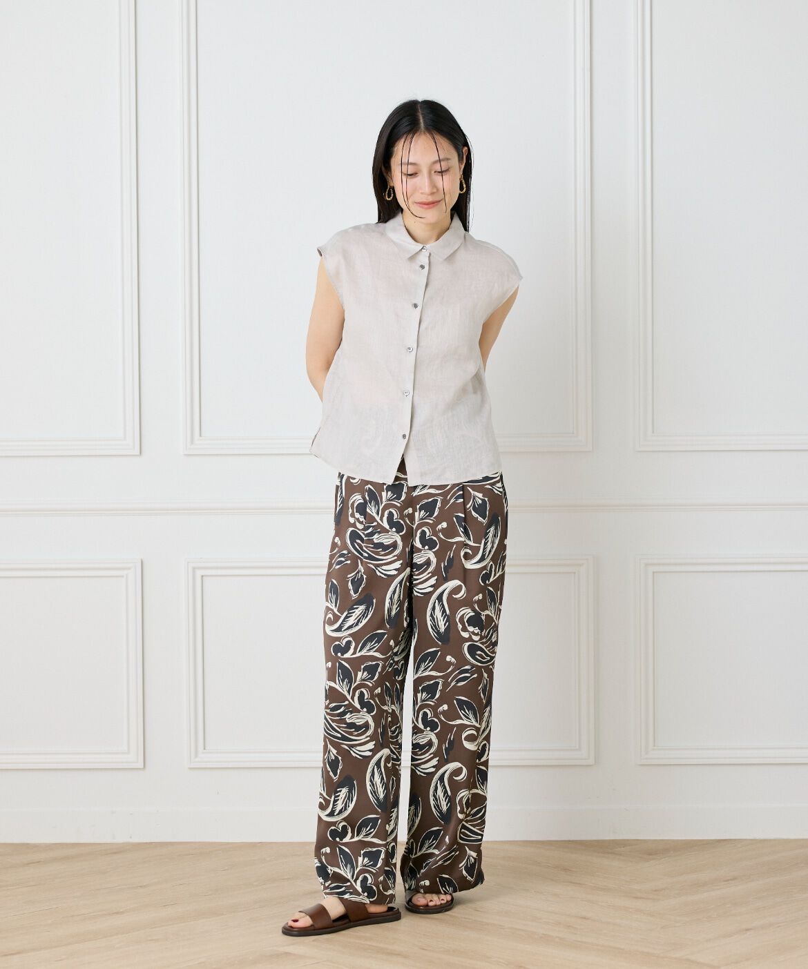 INED「《大きいサイズ》リネンフレンチスリーブシャツブラウス」|シャツ・ブラウス|