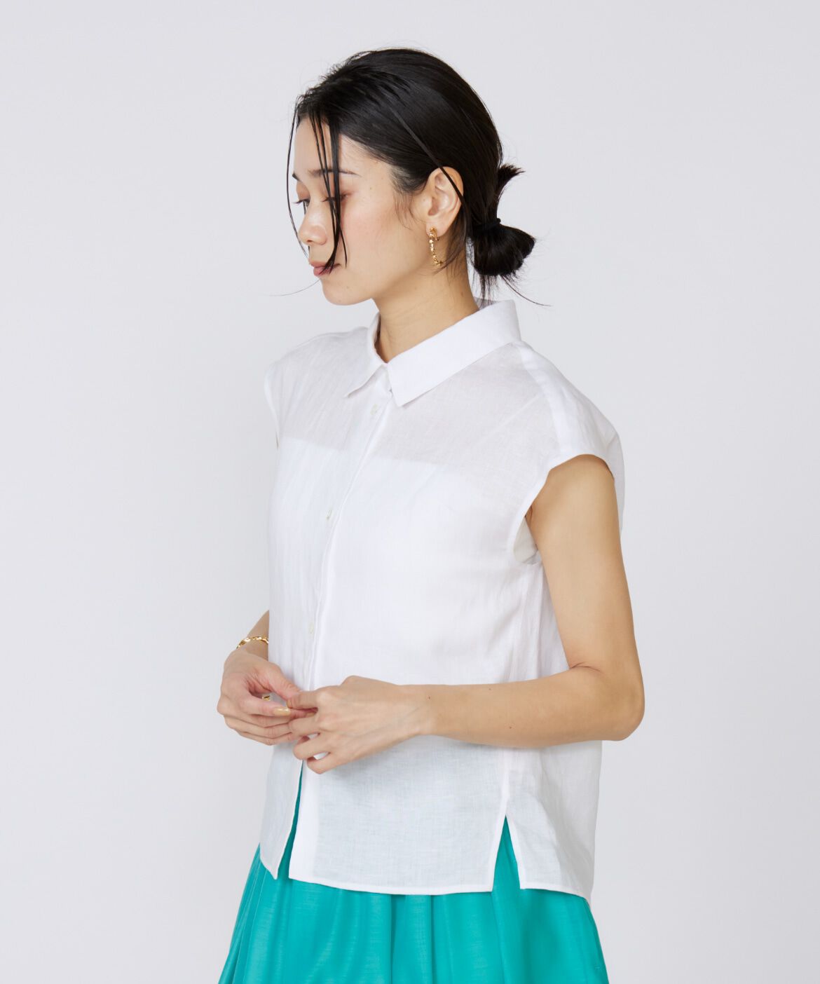 INED「《大きいサイズ》リネンフレンチスリーブシャツブラウス」|シャツ・ブラウス|