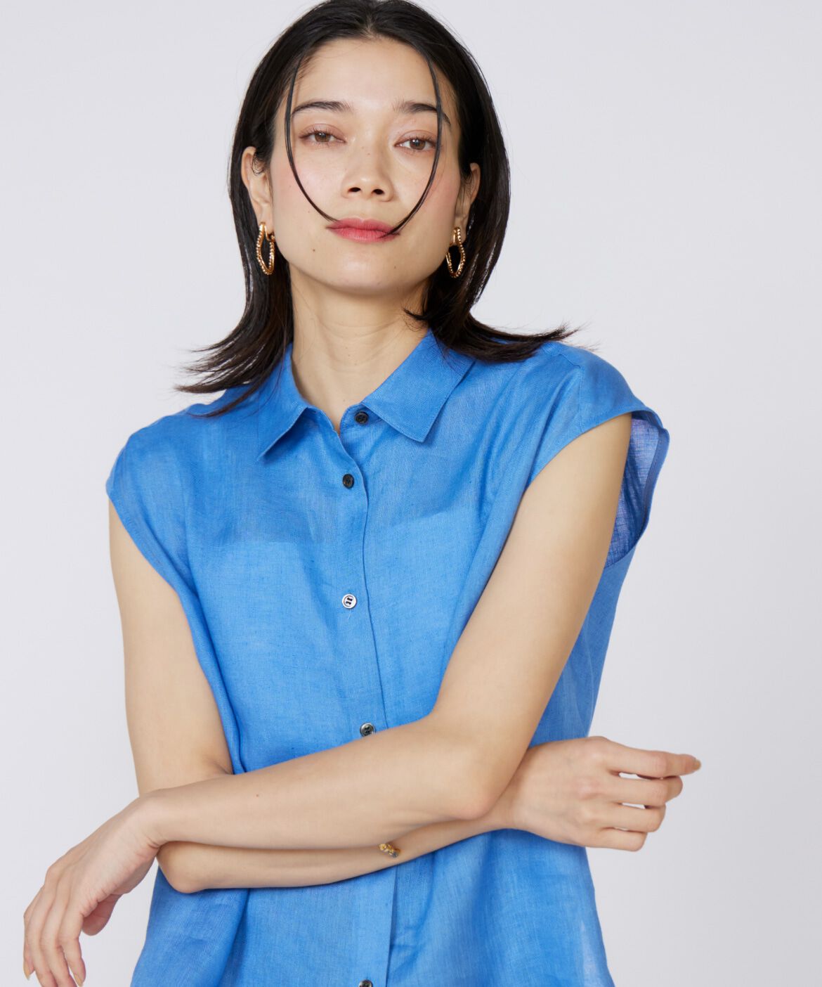 INED「《大きいサイズ》リネンフレンチスリーブシャツブラウス」|シャツ・ブラウス|