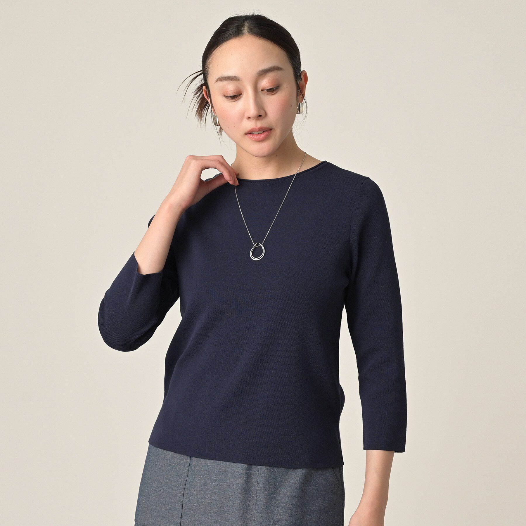 UNTITLED「【洗える/七分袖】ボートネックコットンプルオーバー」|ニット・セーター|