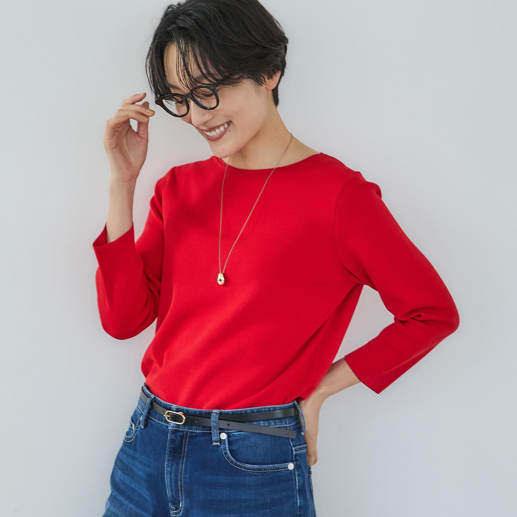 UNTITLED「【洗える/七分袖】ボートネックコットンプルオーバー」|ニット・セーター|レッド(062)