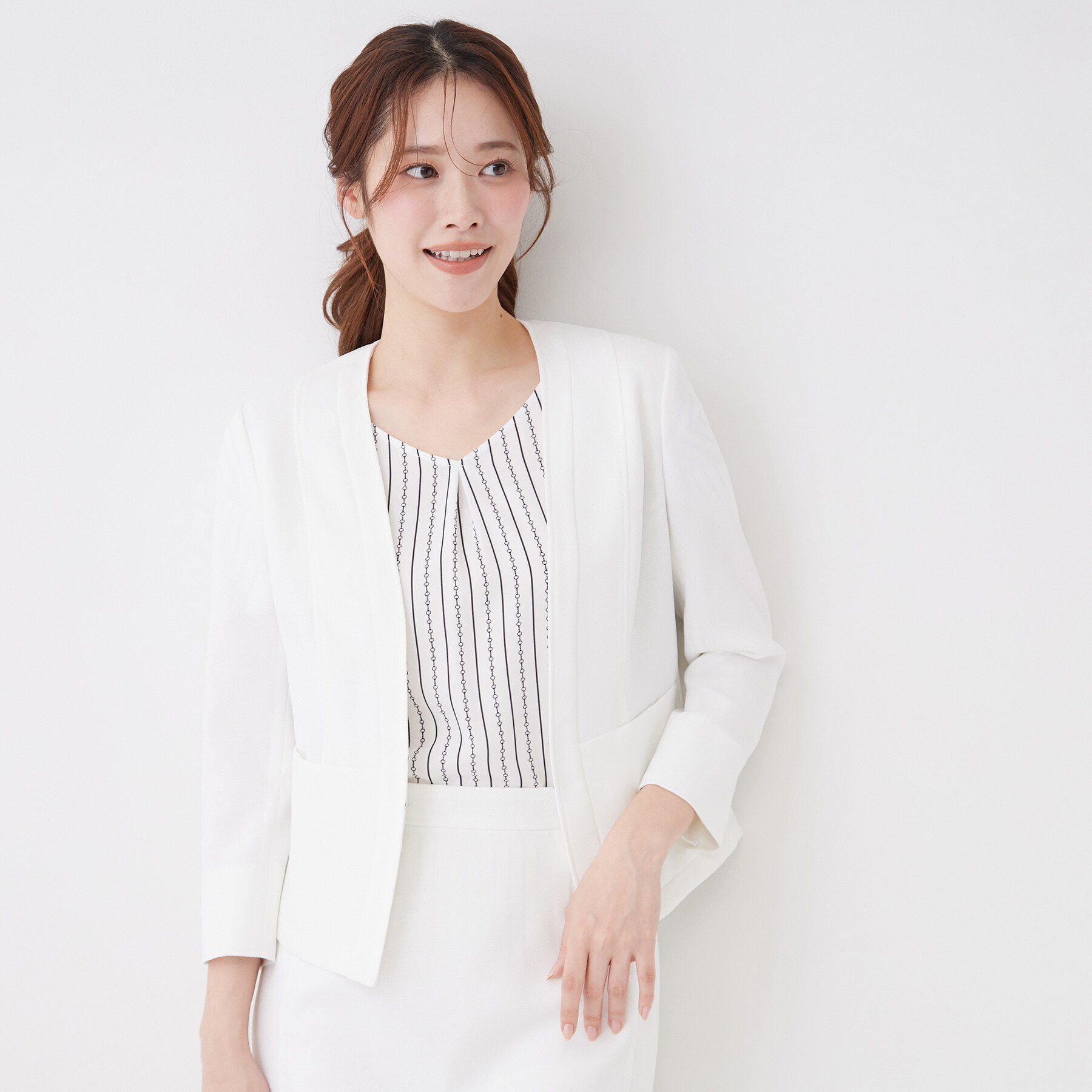 COUP DE CHANCE「【手洗い可／日本製／裏地無し／UV／清涼感／セットアップ可】麻調合繊カラーレスジャケット」|ノーカラージャケット|ホワイト(001)