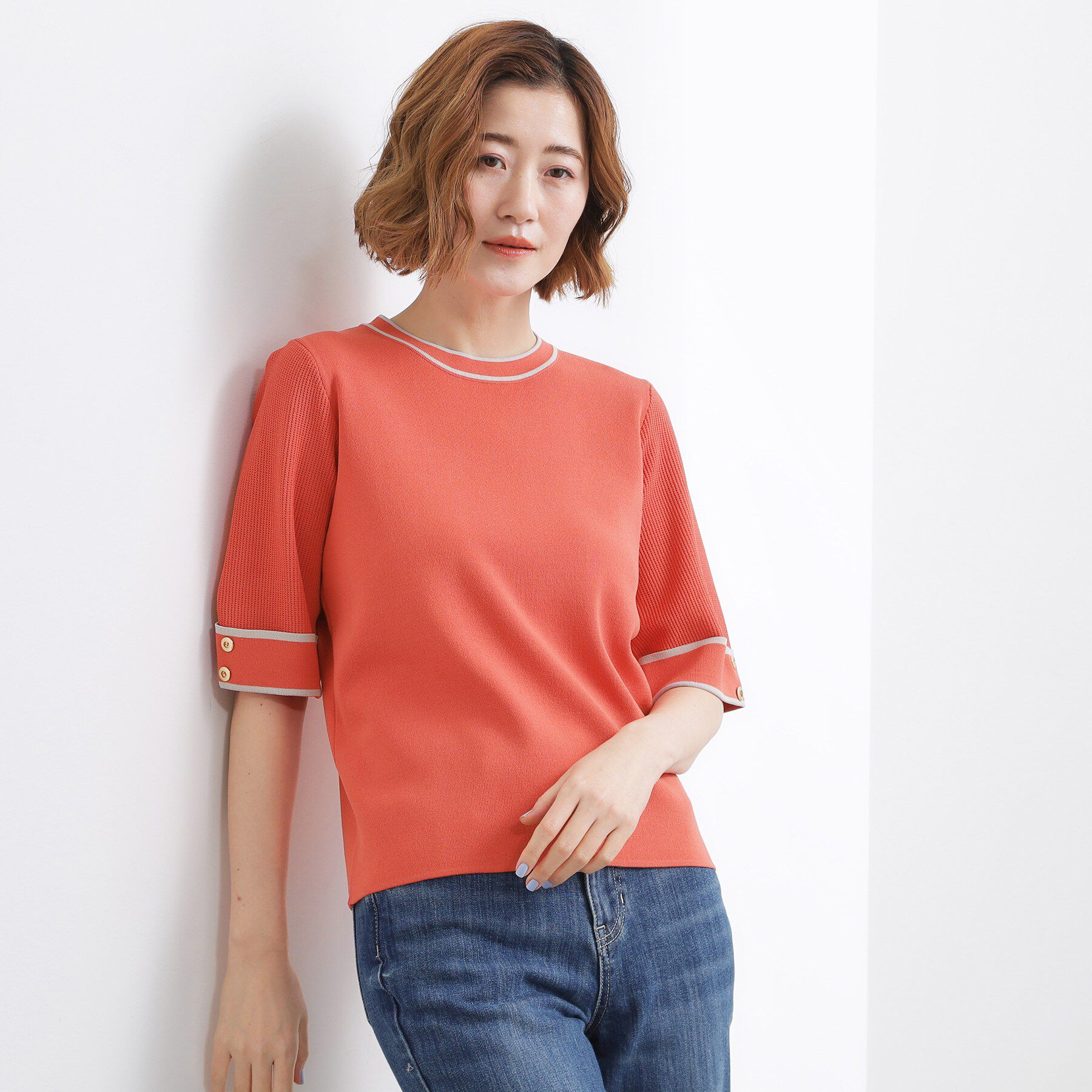 grove「【貴島明日香さん着用】やわらかドライタッチ 袖メッシュ編みニット」|ニット・セーター|