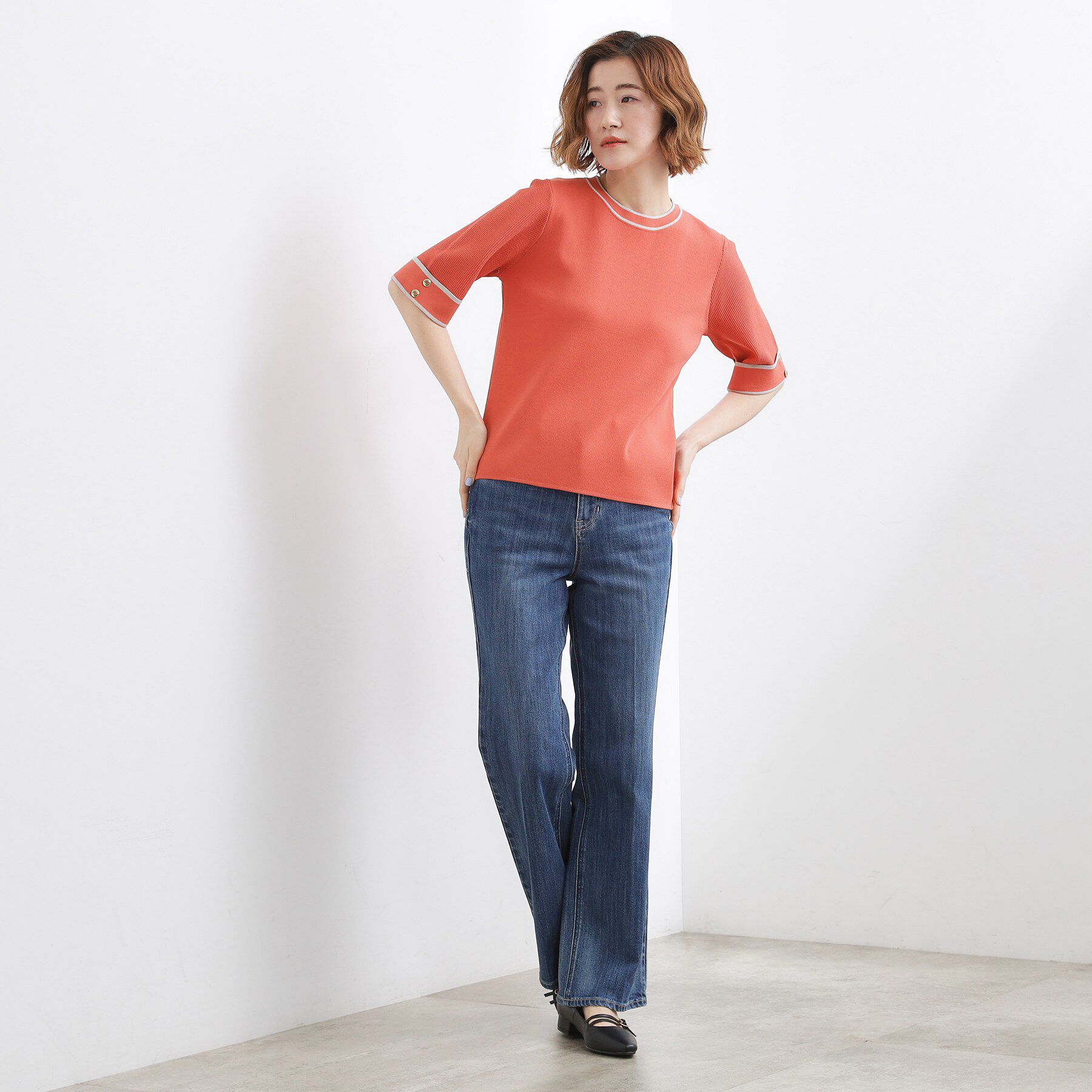 grove「【貴島明日香さん着用】やわらかドライタッチ 袖メッシュ編みニット」|ニット・セーター|