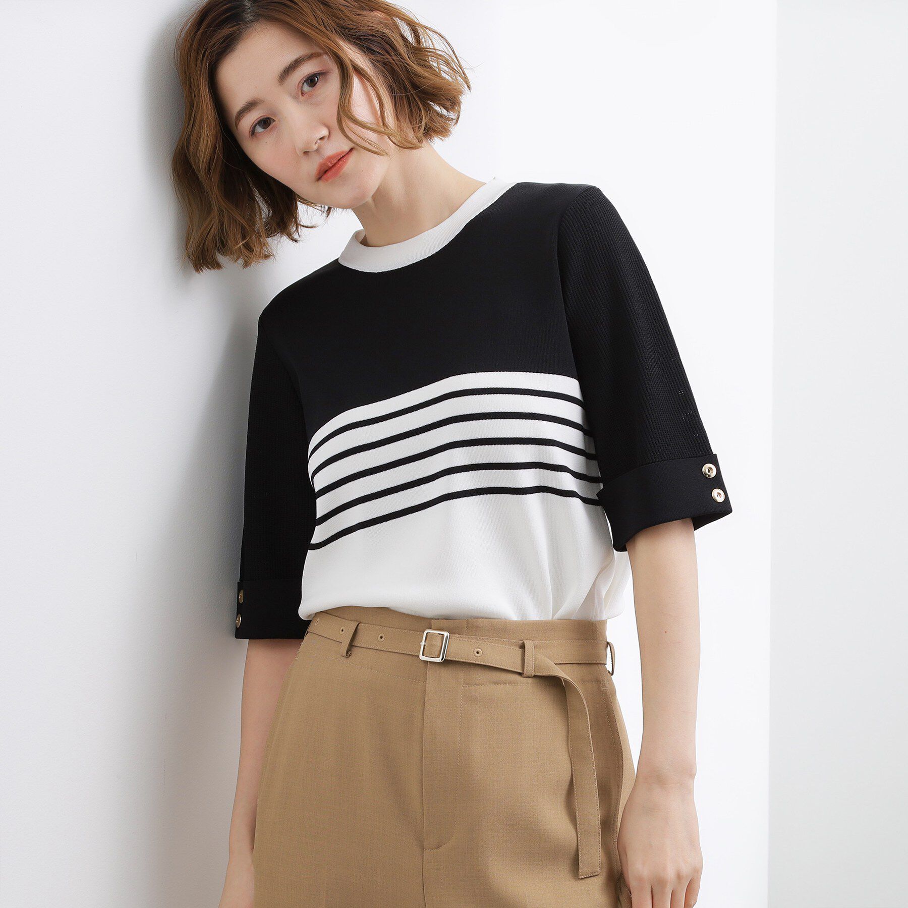 grove「【貴島明日香さん着用】やわらかドライタッチ 袖メッシュ編みニット」|ニット・セーター|