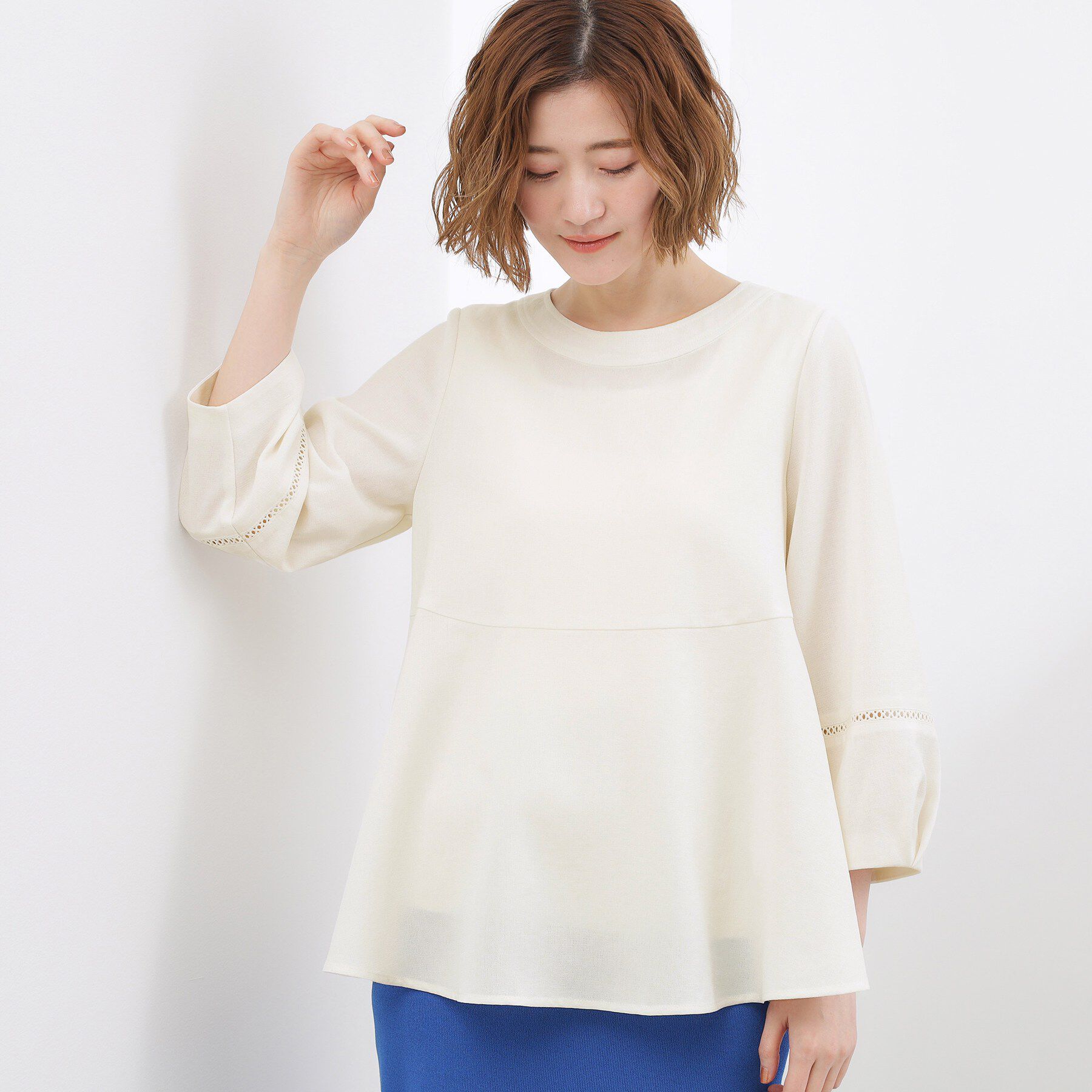 grove「【体型カバーも叶う】麻調メッシュランタンスリーブブラウス」|シャツ・ブラウス|オフホワイト(003