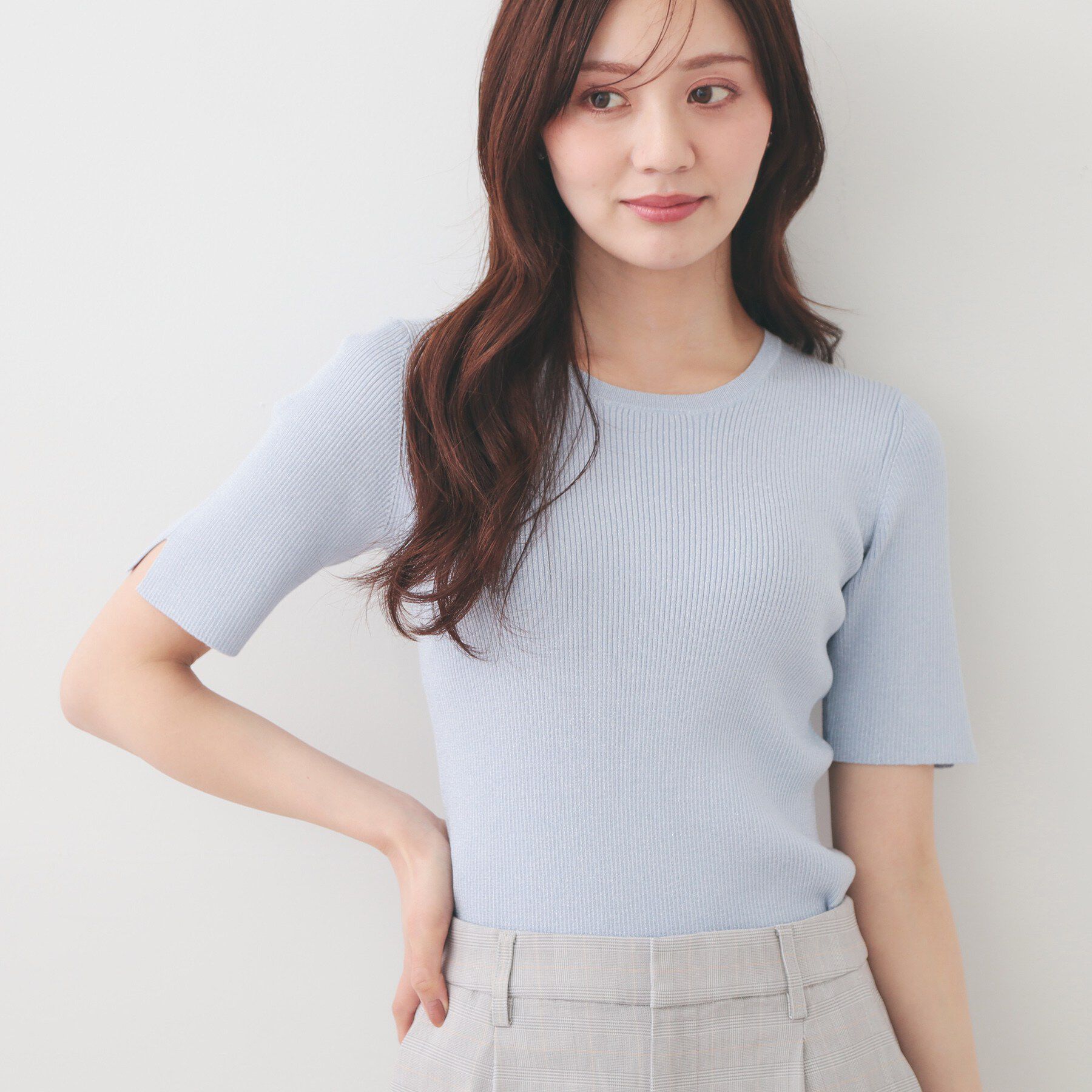 index「ラメリブ半袖ニット【洗濯機OK】」|ニット・セーター|サックスブルー(69