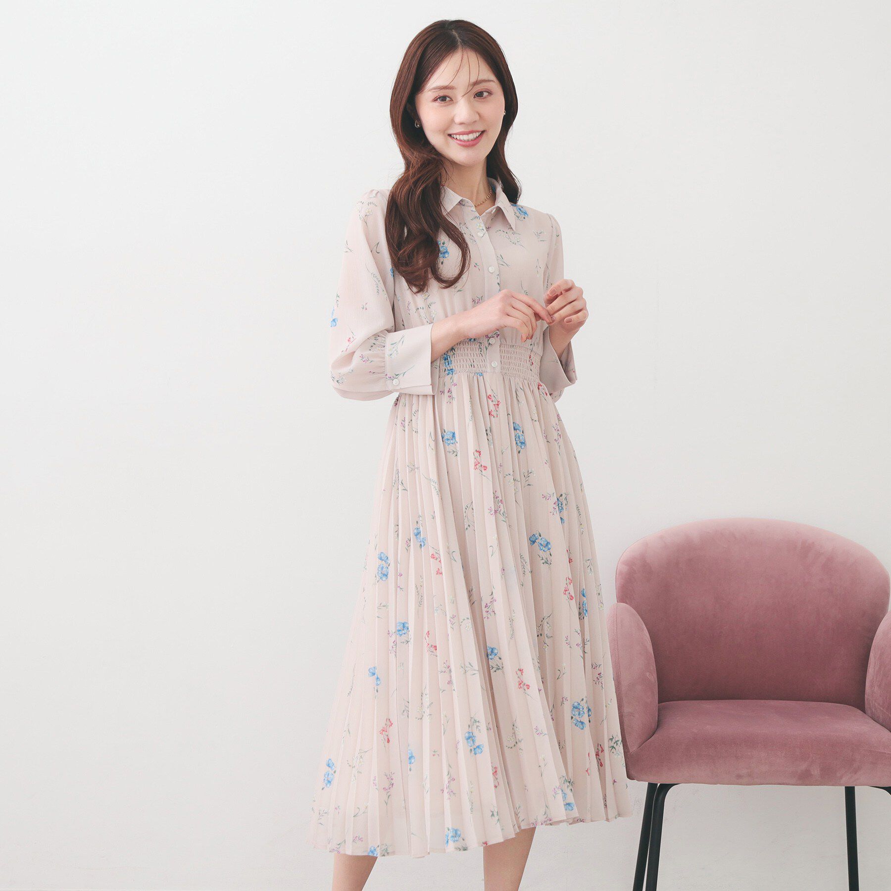 index「衿付き花柄プリーツフレアワンピース【洗濯機OK/イージーアイロン】」|ワンピース|