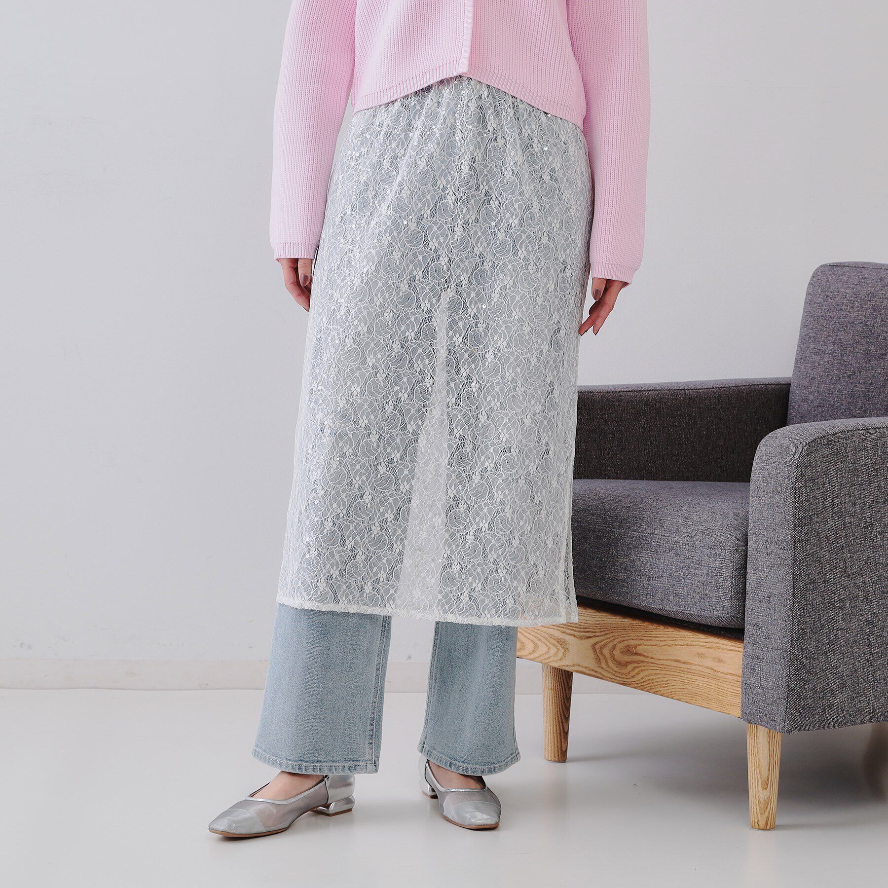 OPAQUE.CLIP「シアーレーススパンコールスカート【洗濯機洗い可】」|スカート|ホワイト(001)