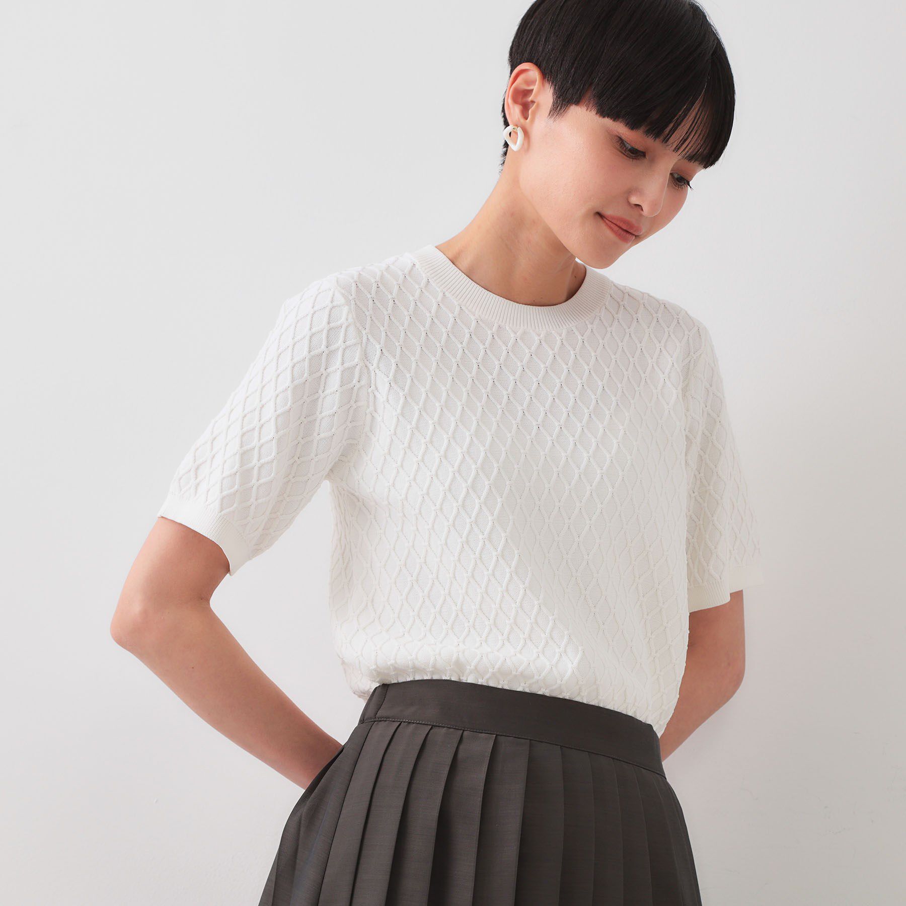 OPAQUE.CLIP「柄編みハーフスリーブニット【洗濯機洗い可】」|ニット・セーター|