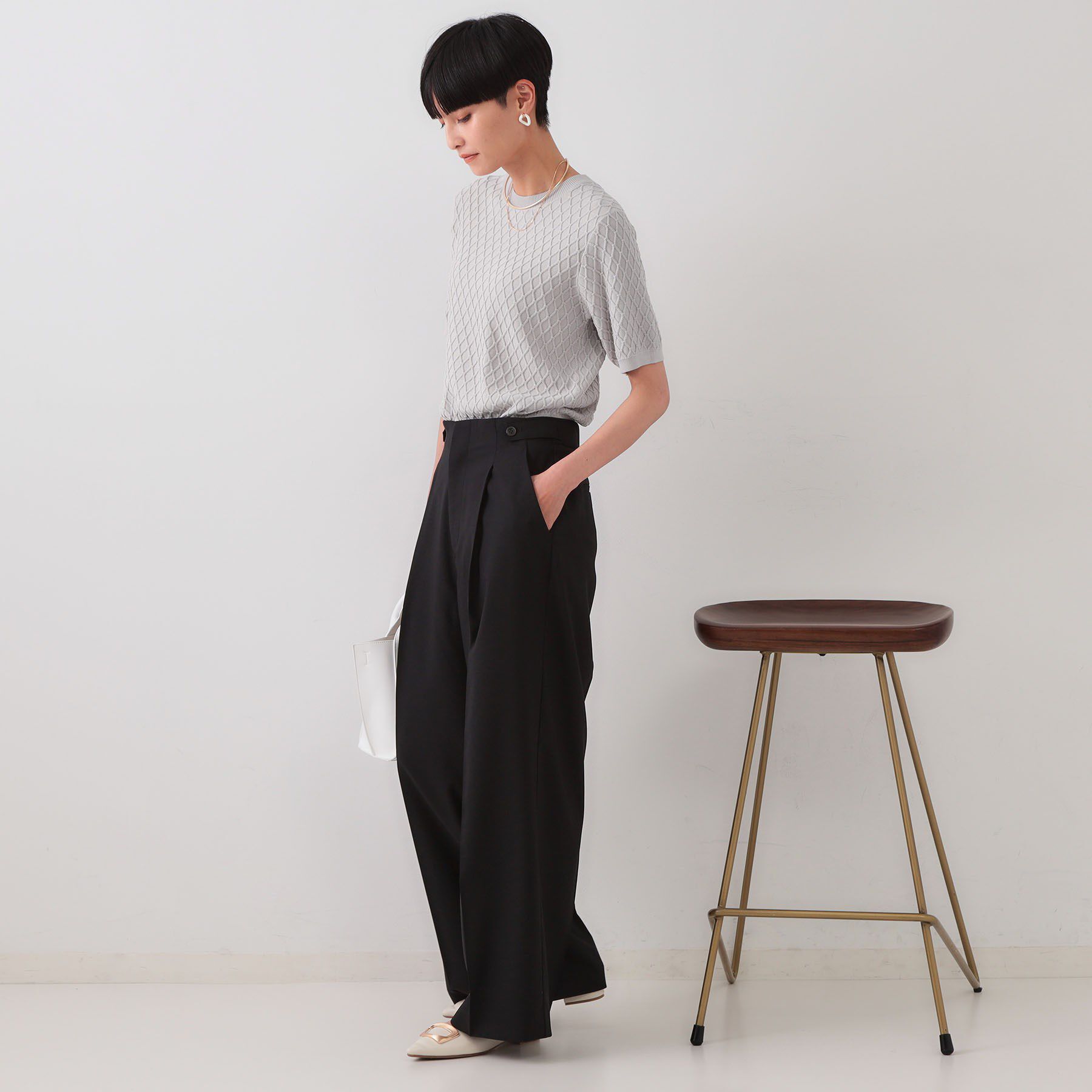 OPAQUE.CLIP「柄編みハーフスリーブニット【洗濯機洗い可】」|ニット・セーター|
