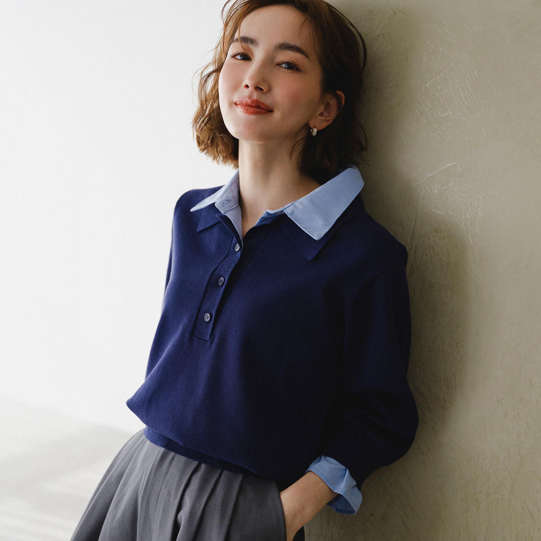 OPAQUE.CLIP「シャツレイヤード風ポロニット【洗濯機OK】」|ニット・セーター|ネイビー(094)