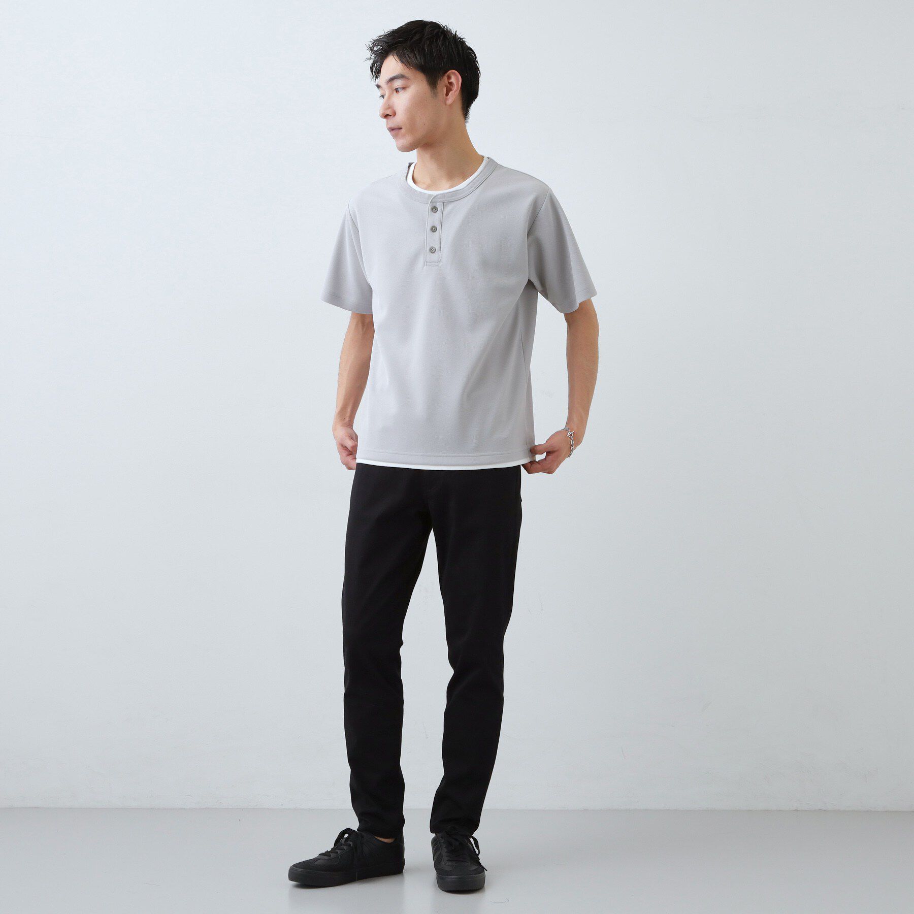 THE SHOP TK「【1枚でちゃんとして見える】ヘンリーネック レイヤード風 半袖Tシャツ 洗濯機OK」|Tシャツ・カットソー|