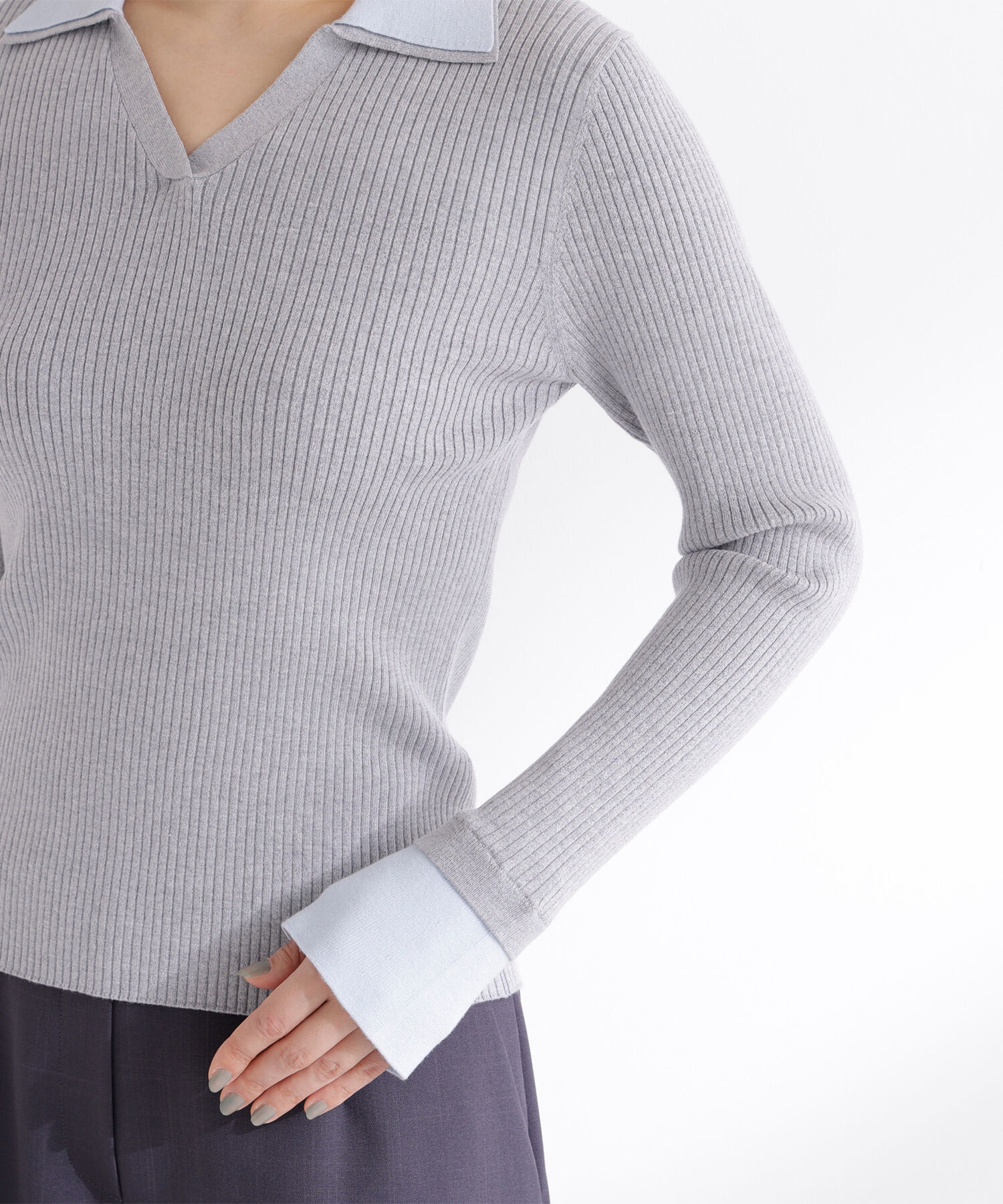  「ダブルカラーVネックリブニット」|ニット・セーター|