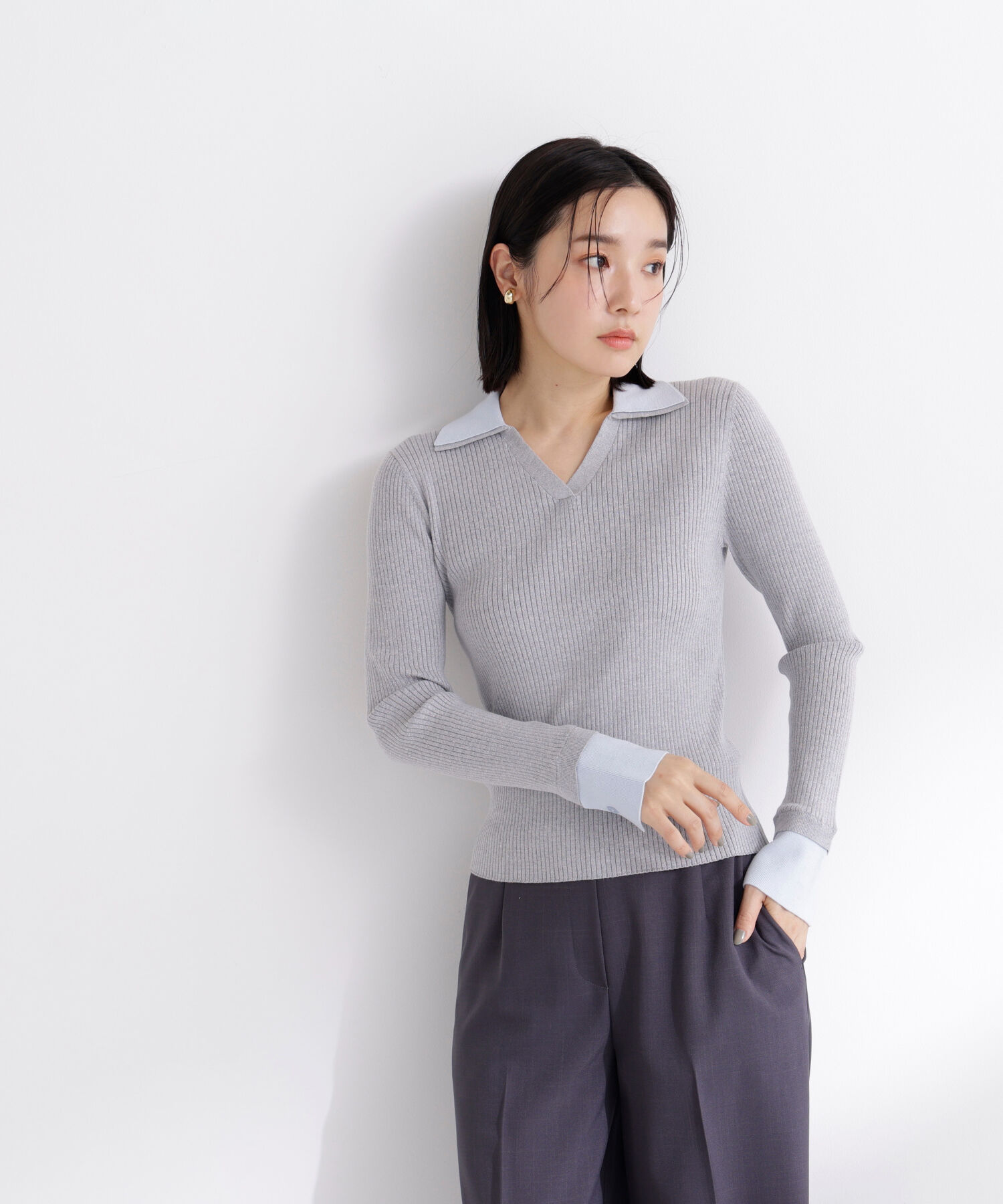  「ダブルカラーVネックリブニット」|ニット・セーター|