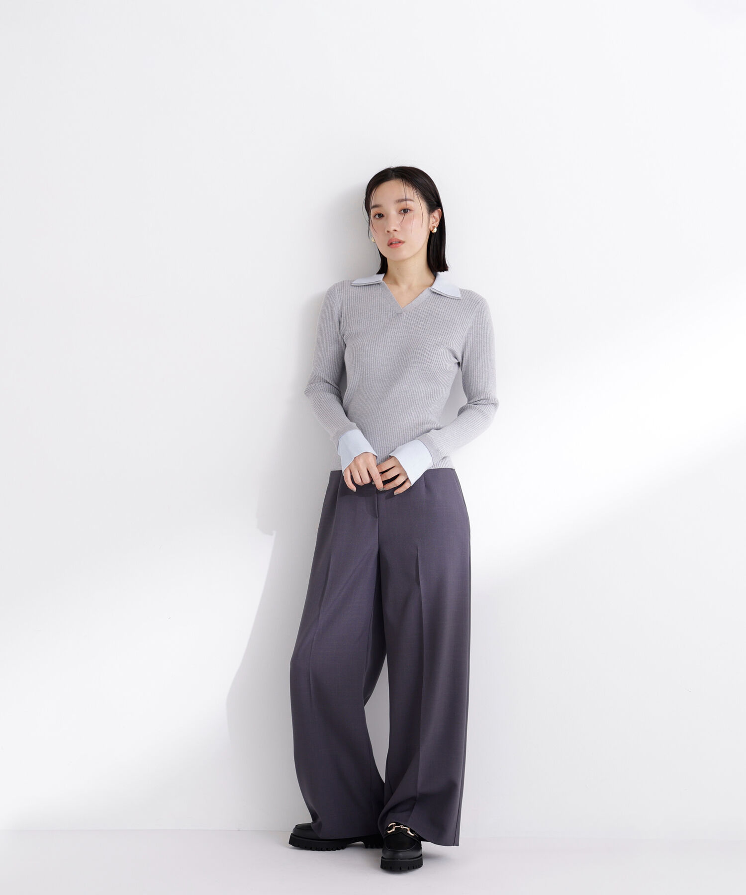  「ダブルカラーVネックリブニット」|ニット・セーター|