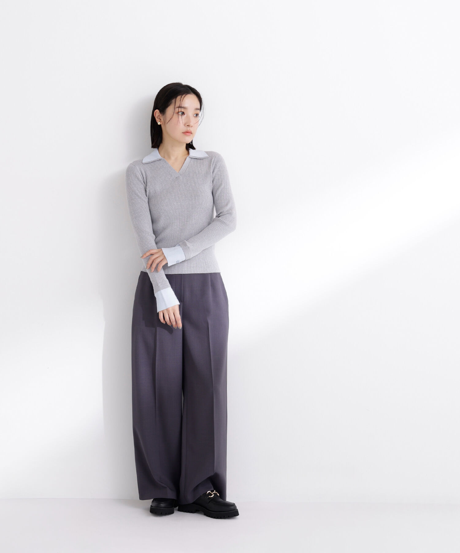  「ダブルカラーVネックリブニット」|ニット・セーター|