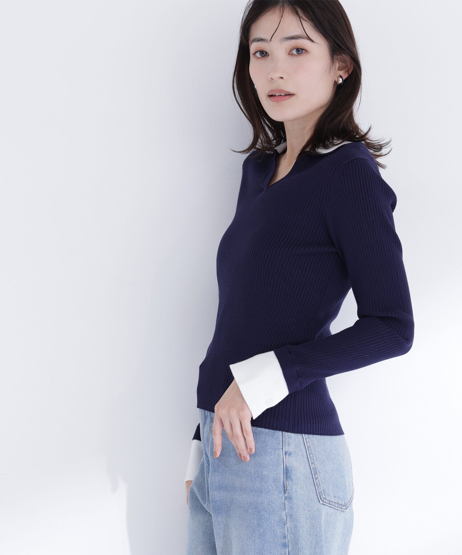  「ダブルカラーVネックリブニット」|ニット・セーター|