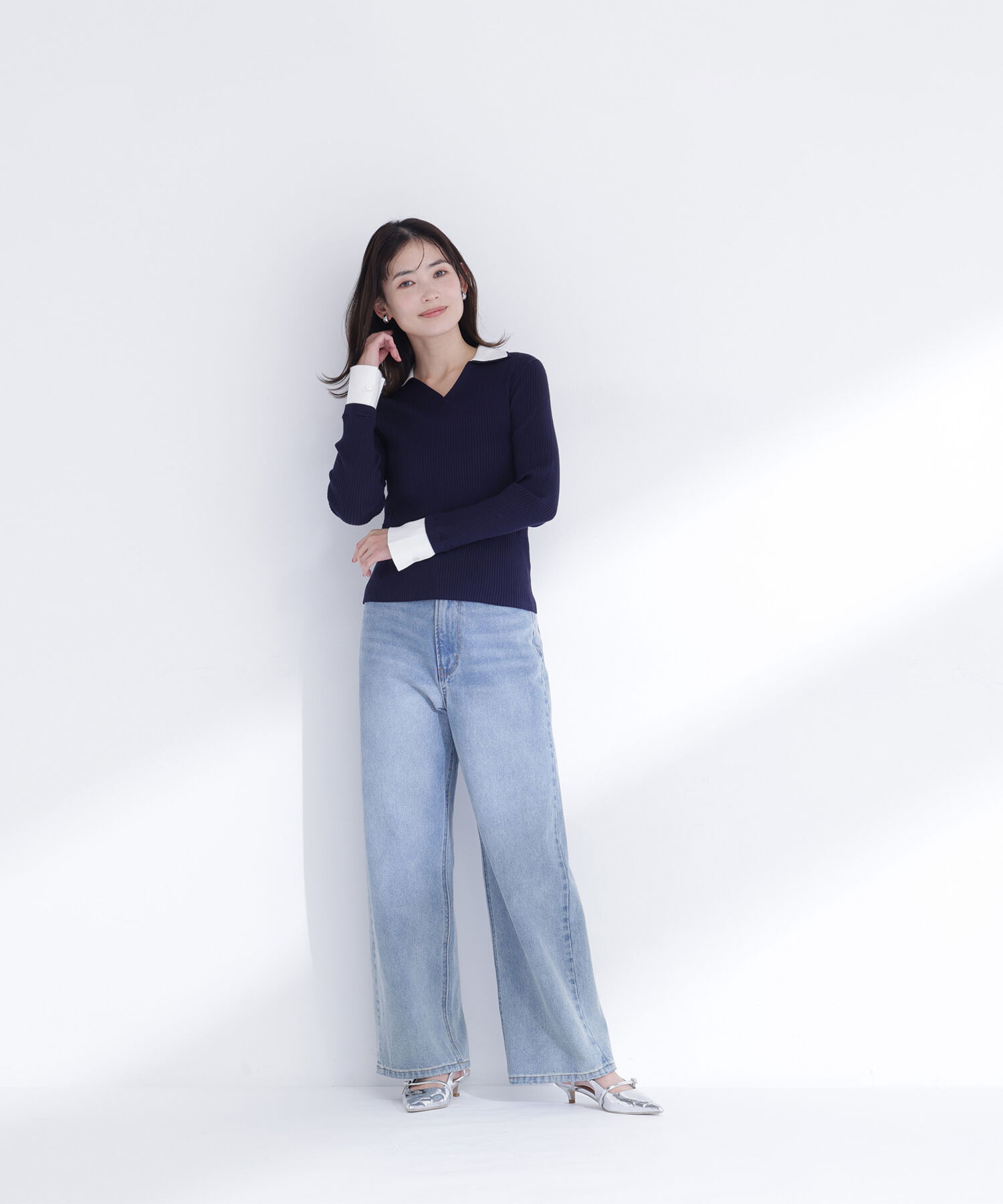  「ダブルカラーVネックリブニット」|ニット・セーター|