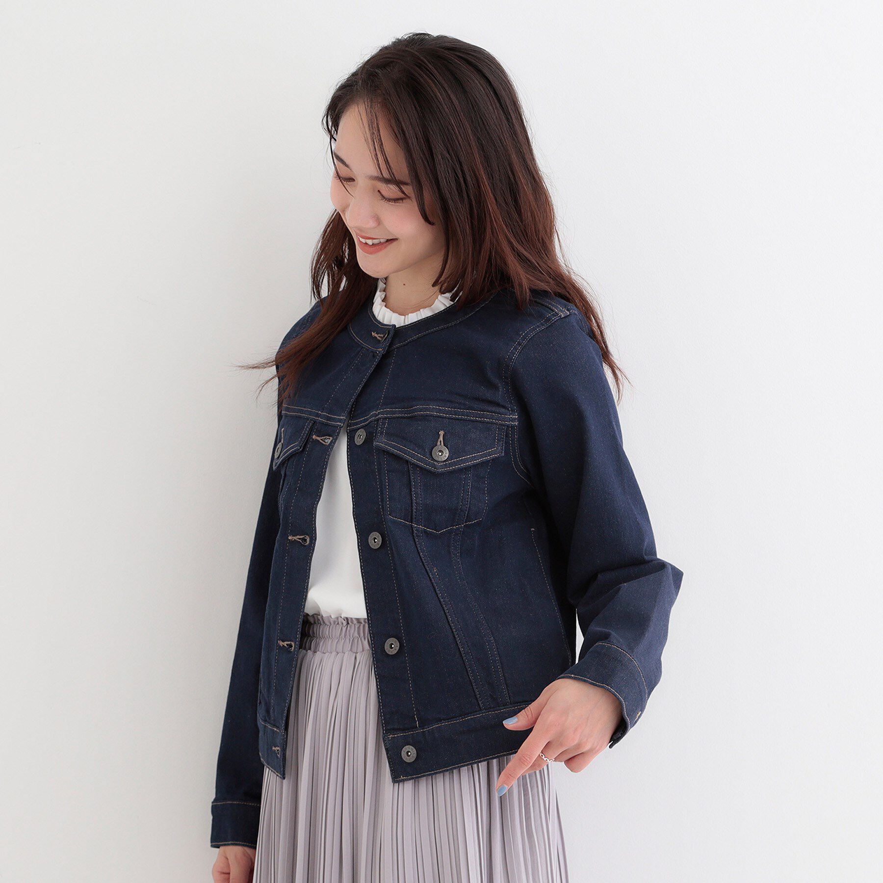SHOO･LA･RUE「【SHOO・LA・RUE DENIM/S-LL/高レビュー】大人のための ノーカラーデニムジャケット」|デニムジャケット|