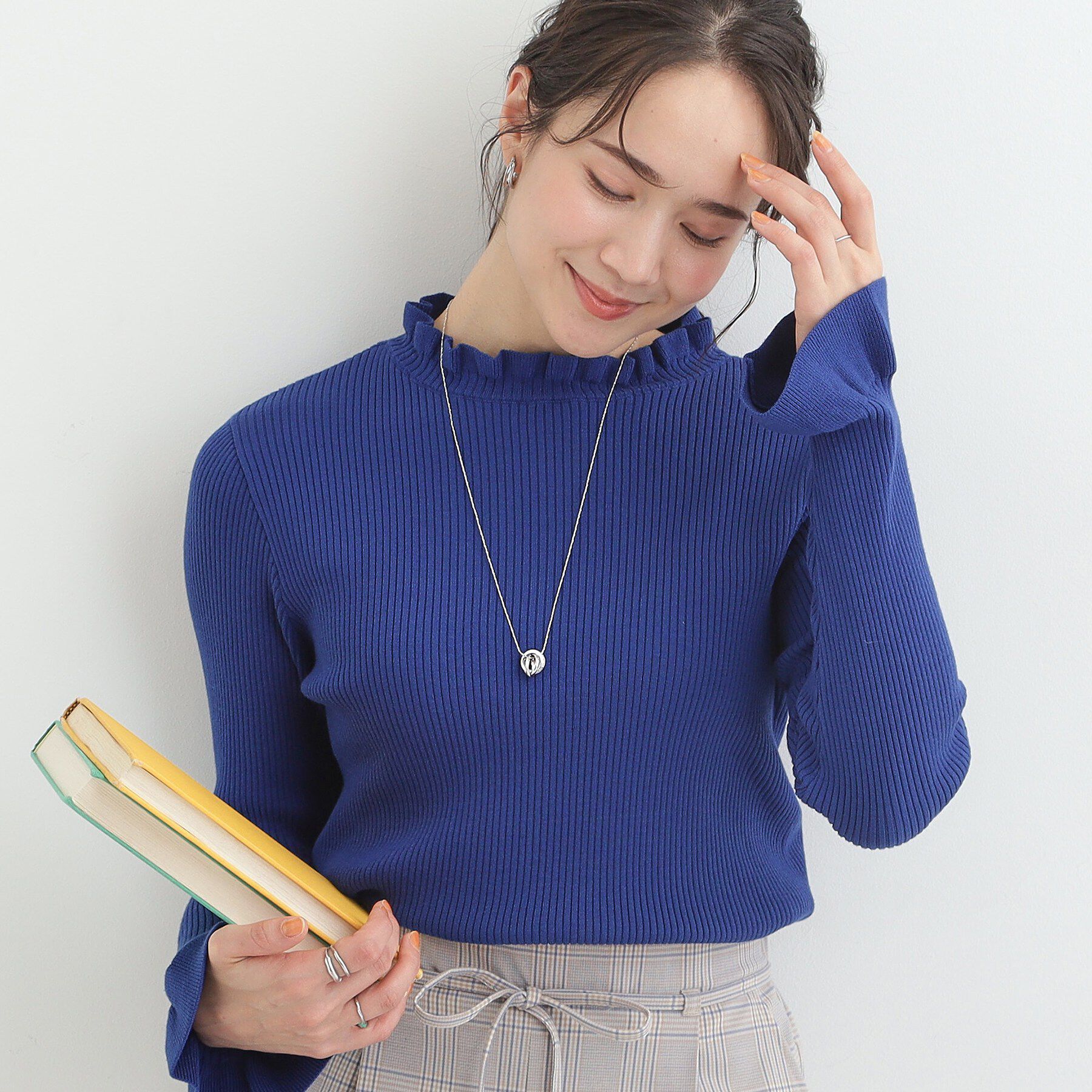 SHOO･LA･RUE「【洗濯機可/S-LL】メリハリフリルですっきり見える やわらかリブニット」|ニット・セーター|ブルー(093)
