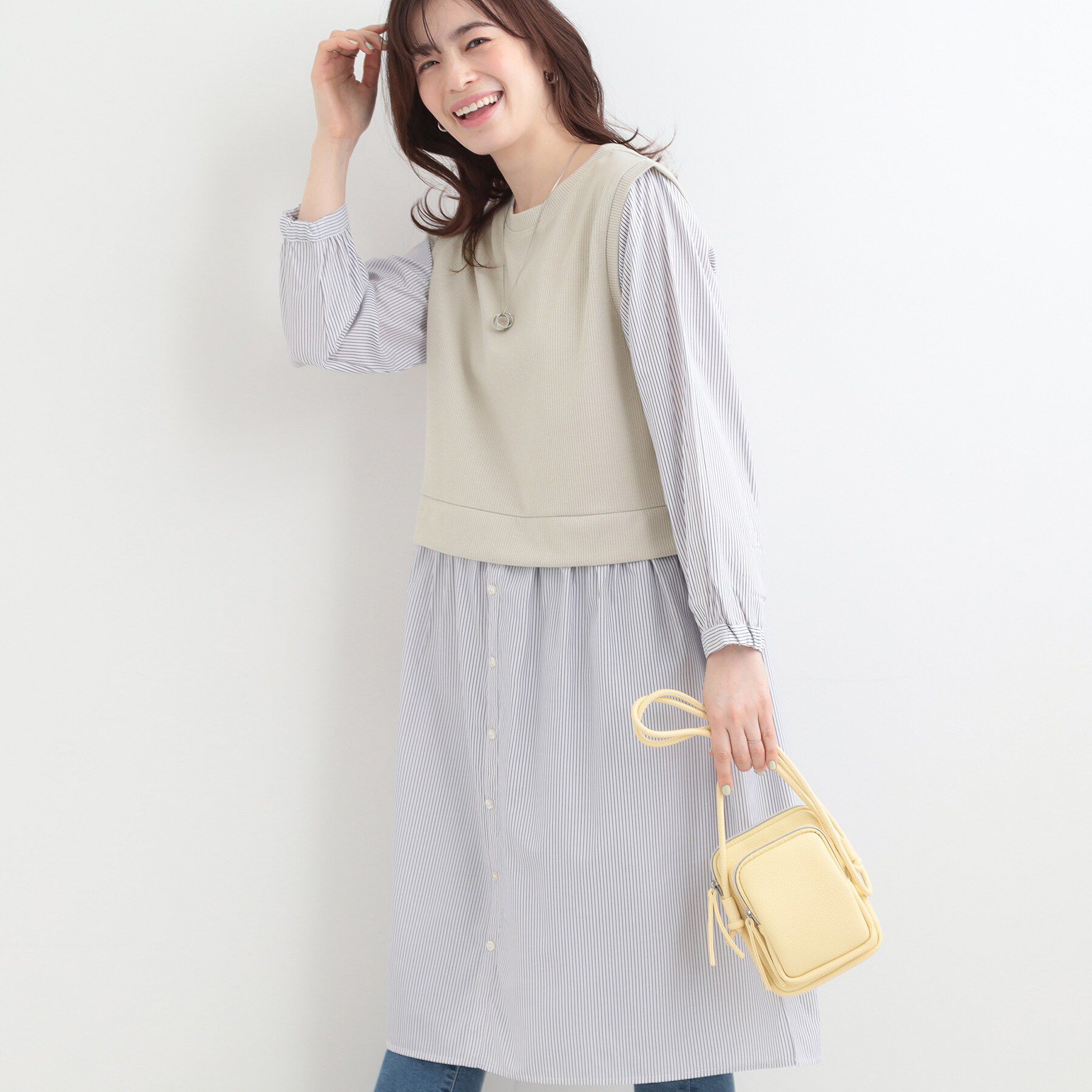 SHOO･LA･RUE「【S-LL/体型カバー】ストライプ柄ドッキングワンピース」|ワンピース|グレージュ(550)