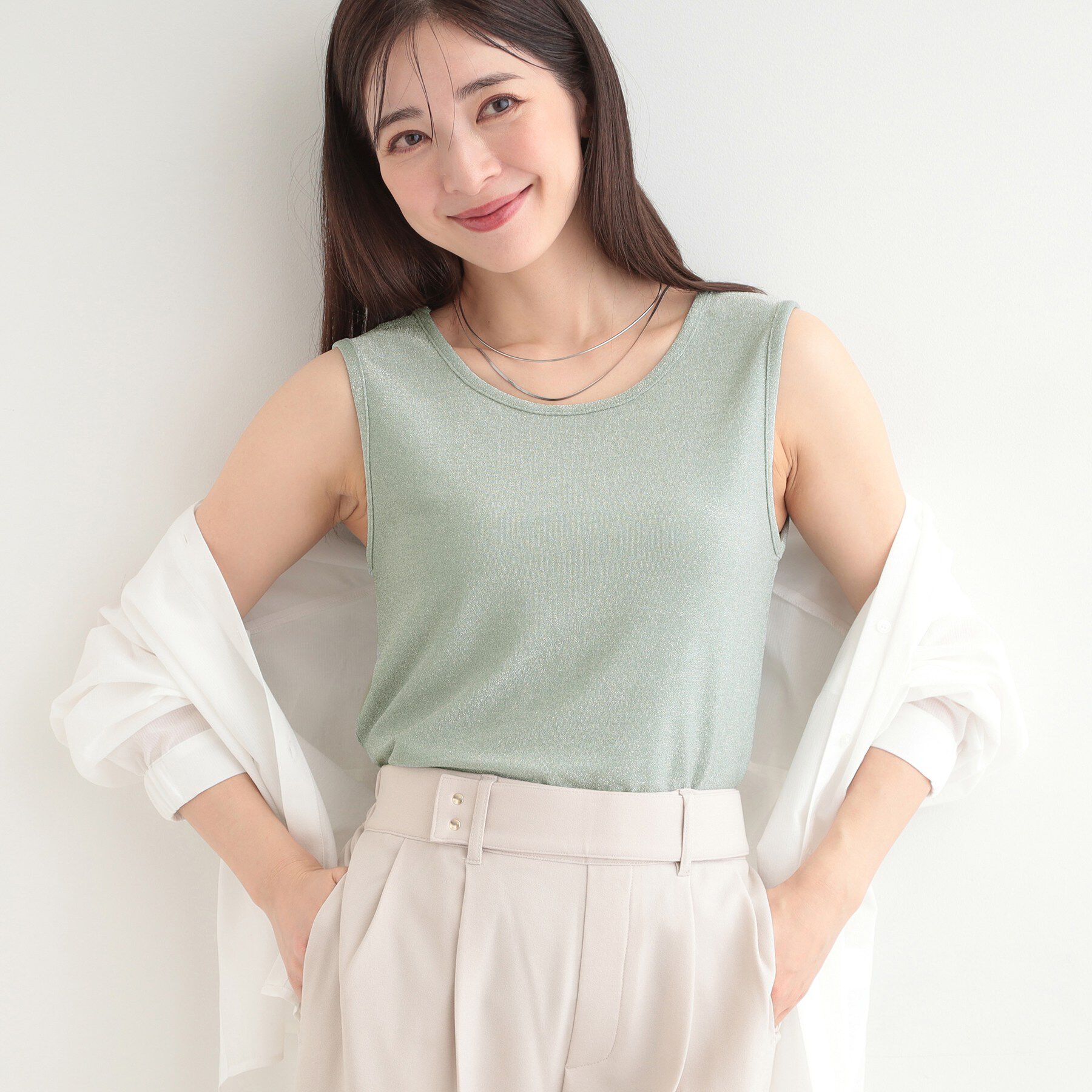 SHOO･LA･RUE「【前後2WAY/洗濯機可/S-LL】コーデのアクセントに　きらきらラメタンクトップ」|キャミソール|ライトグリーン(02